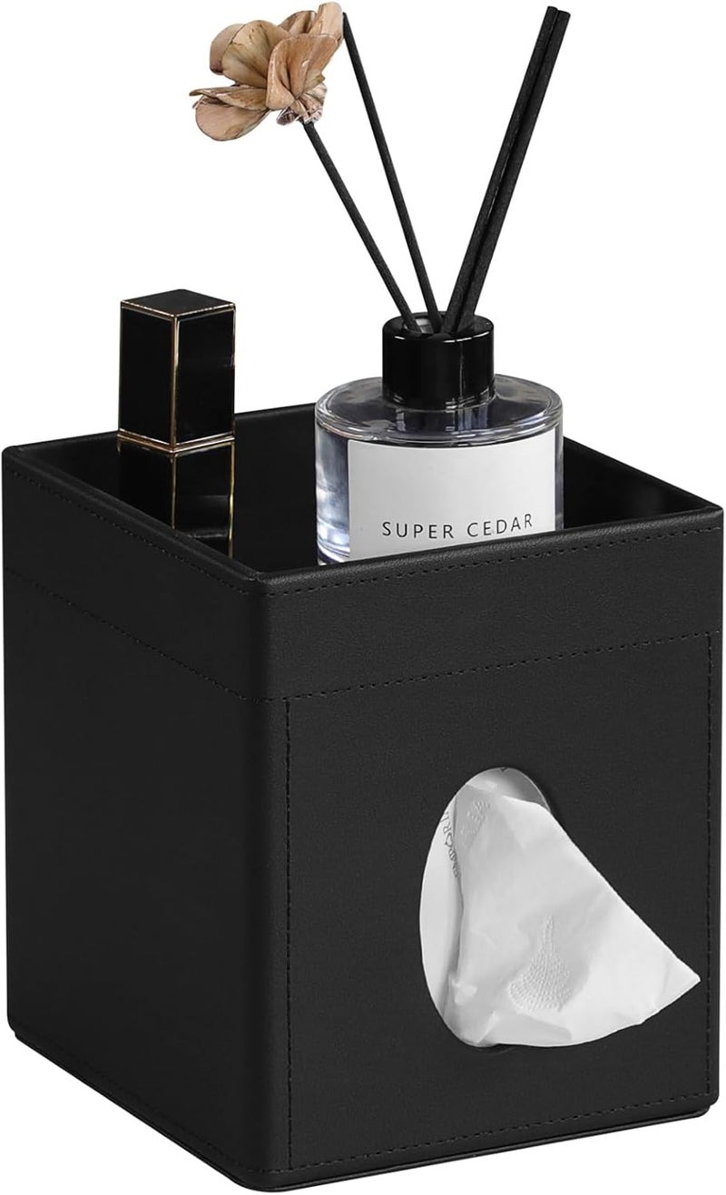 Cretkhp Tissue Box Cover, PU Leather Square Tissue Box Holder with Storage Tray for Bathroom Vanity Countertop Night Stands Bedroom Office Desk, Stylish Tissue Holder Decorative Organizer (Black) - Image 1